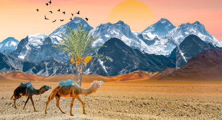 Camel caravan in the desert. 3D rendering. Computer digital drawing.の写真素材