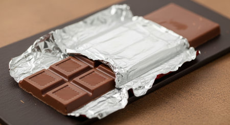 Unwrapped chocolate bar on dark surfaceの素材