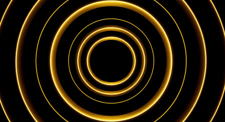 An abstract composition showcasing luminous golden rings radiating from a central point on a dark, contrasting background, evoking a sense of energy and allure.の素材