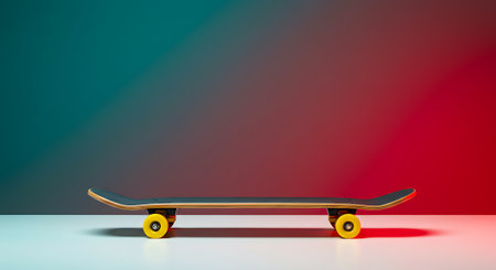 A skateboard rests on a surface, illuminated by vibrant red and blue lights, creating a dynamic and modern aesthetic for urban sports enthusiasts.の素材