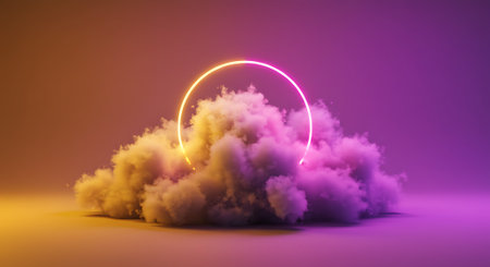 A surreal scene features a dense cloud illuminated by a bright neon ring, with a striking gradient of orange and purple light creating a mesmerizing visual experience.の素材