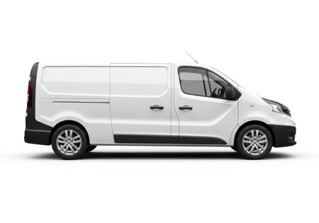 A clean white cargo van is pictured in a side profile view, isolated on a plain white background.の素材
