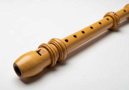 A close-up view of a wooden recorder, a woodwind instrument, presented isolated on a clean white background.の素材