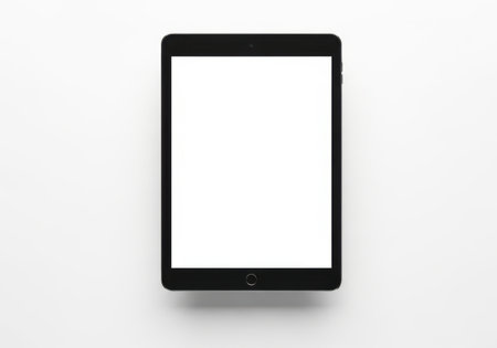 A modern black smartphone with a blank white screen is presented, isolated on a clean white background.の素材