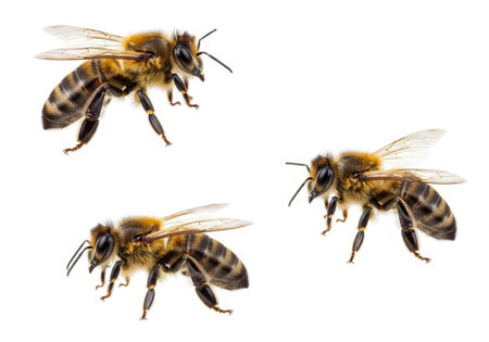 Three detailed honey bees are captured in flight against a clean white background, showcasing their intricate anatomy and wings.の素材