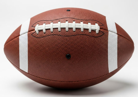 A close-up view of a textured brown American football with white laces and stripes, isolated on a clean cream beige background.の素材