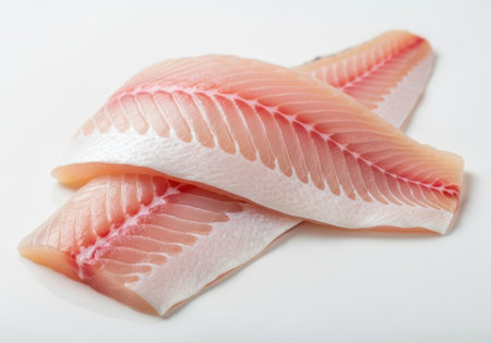 Two fresh, raw fish fillets with delicate pink flesh and visible bones, presented isolated on a clean light beige background.の素材