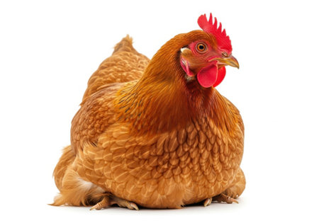 A plump brown hen with a bright red comb is shown sitting down, isolated on a plain white background.の素材