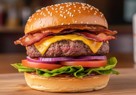 A delicious bacon cheeseburger with lettuce, tomato, and onion, isolated on a clean brown background.の素材