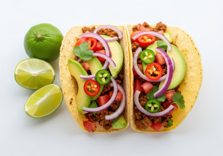 Two appetizing tacos filled with seasoned meat, avocado, tomatoes, onions, and jalapenos, presented with lime wedges on a cream beige background.の素材