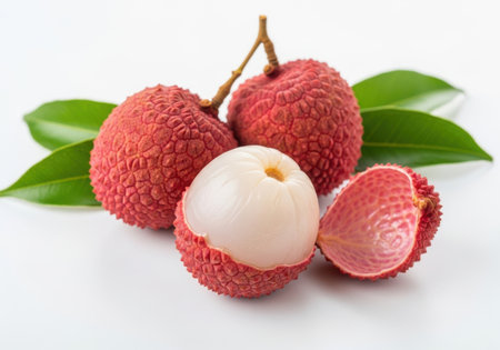 A close-up view of several ripe lychee fruits, some peeled, with green leaves, all isolated on a clean off white background.の素材