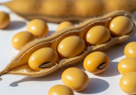 A detailed view of a soybean pod split open, revealing its seeds, with more soybeans scattered around on a cream beige background.の素材
