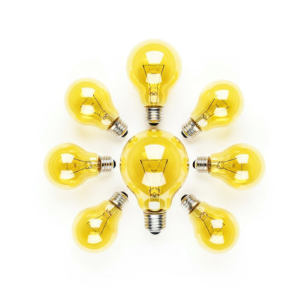 Yellow lightbulbs isolated on white background. 3d rendering.の素材