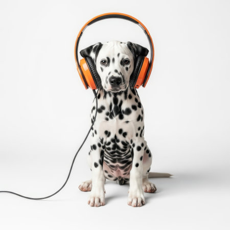 Dalmatian puppy listening to music with headphones on white backgroundの素材