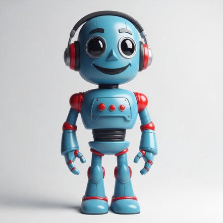 Cute blue robot with headphones on a white background. 3d renderingの素材
