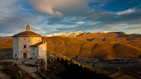 Scenery view of ancient church of "Santa Maria della PietÃ " in Italy and Appennini mountain in backgroundの写真素材