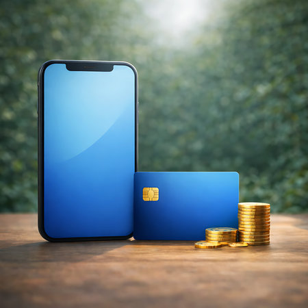 Blue smartphone credit card and gold coins on wooden table money payment