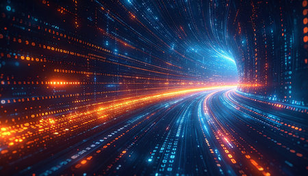 3D illustration of a blue tunnel with glowing particles and lines.の素材