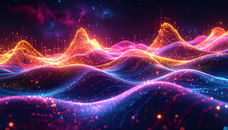 3d illustration of abstract background with dynamic waves and particles. Futuristic waveform.の素材