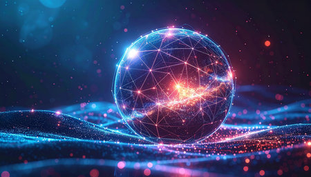 Abstract polygonal sphere with glowing dots and lines. 3d renderingの素材