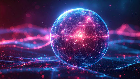 Abstract polygonal sphere with connection lines and dots on dark background. Artificial intelligence concept. 3D Renderingの素材