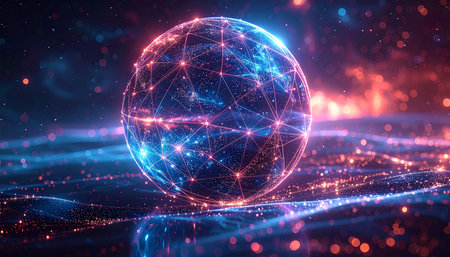 Abstract polygonal sphere with glowing dots and lines. 3d renderingの素材