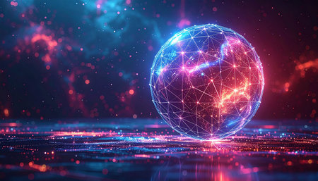 Glowing polygonal globe with glowing dots and lines. 3d renderingの素材
