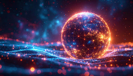 Glowing sphere with particles on dark background. 3D rendering.の素材