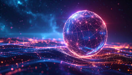 Glowing polygonal sphere on dark background. 3d renderingの素材