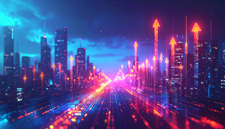 Futuristic cityscape with neon glowing arrows and skyscrapers. 3D Renderingの素材