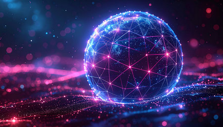 Abstract polygonal sphere with glowing dots and lines on dark background. 3D Renderingの素材