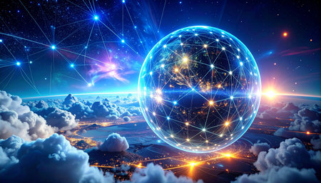 Global network connection over the planet Earth. 3D illustration. Elements of this image furnished by NASAの素材