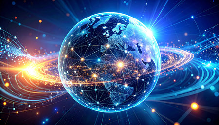 Global network connection over the world. 3D illustration. Elements of this image furnished by NASAの素材