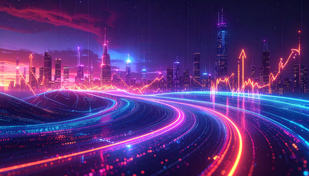 Futuristic city with glowing neon lines. Futuristic cityscape. 3d renderingの素材