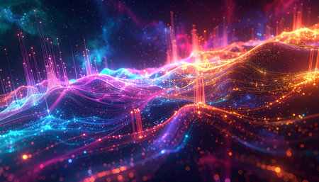 3d illustration of abstract digital technology background with glowing particles. Network conceptの素材