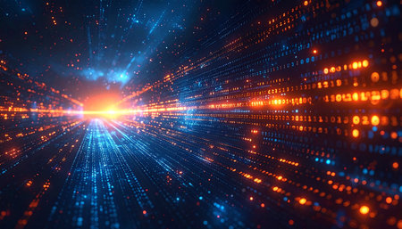 3d render of abstract digital technology background with glowing particles and depth of field.の素材