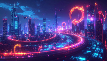 Futuristic city and road with neon lights. 3d renderingの素材