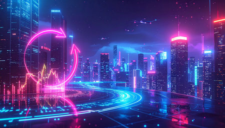 Futuristic city with glowing neon lights. Futuristic cityscape. 3D Renderingの素材