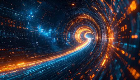 3D illustration of abstract digital tunnel. Futuristic technology style background.の素材