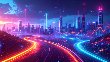 Futuristic city at night with neon lights, 3d renderingの素材