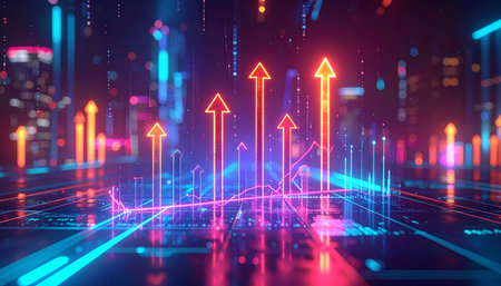 3D rendering of glowing arrows on a futuristic background. Futuristic technology concept.の素材