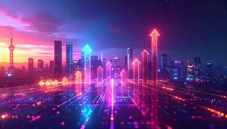Futuristic city at night with skyscrapers and neon arrows. 3D renderingの素材
