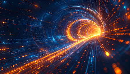 Abstract technology tunnel with glowing lines and particles. 3d render illustrationの素材