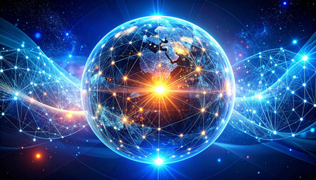 Global network connection over the planet Earth. 3D illustration. Elements of this image furnished by NASAの素材