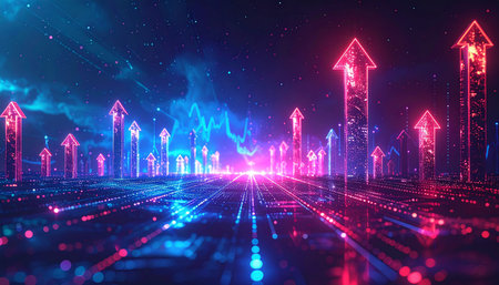 3d rendering of abstract digital landscape with glowing arrows on dark backgroundの素材