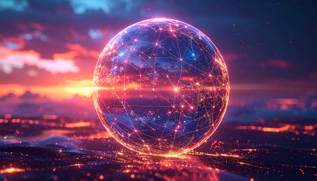 Abstract polygonal sphere with glowing dots and lines. Connection structure. 3D renderingの素材