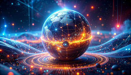 Globe with glowing lines and dots on dark background. 3D renderingの素材