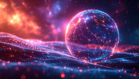 3D rendering of abstract digital sphere with particles and depth of fieldの素材