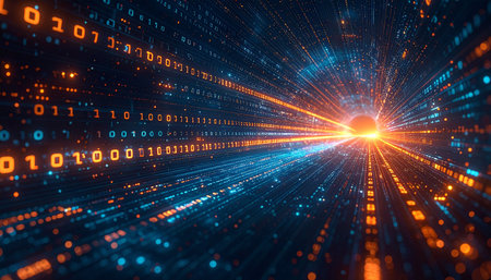 Abstract digital data flow tunnel. Technology concept background. 3D Renderingの素材