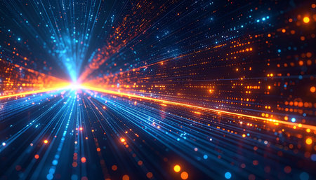 abstract 3d illustration of speed motion of glowing particles in spaceの素材